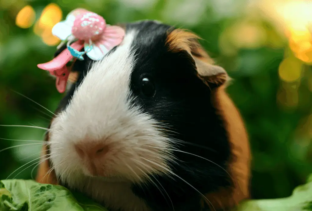 Deep focus on cute guinea pig amidst the green.