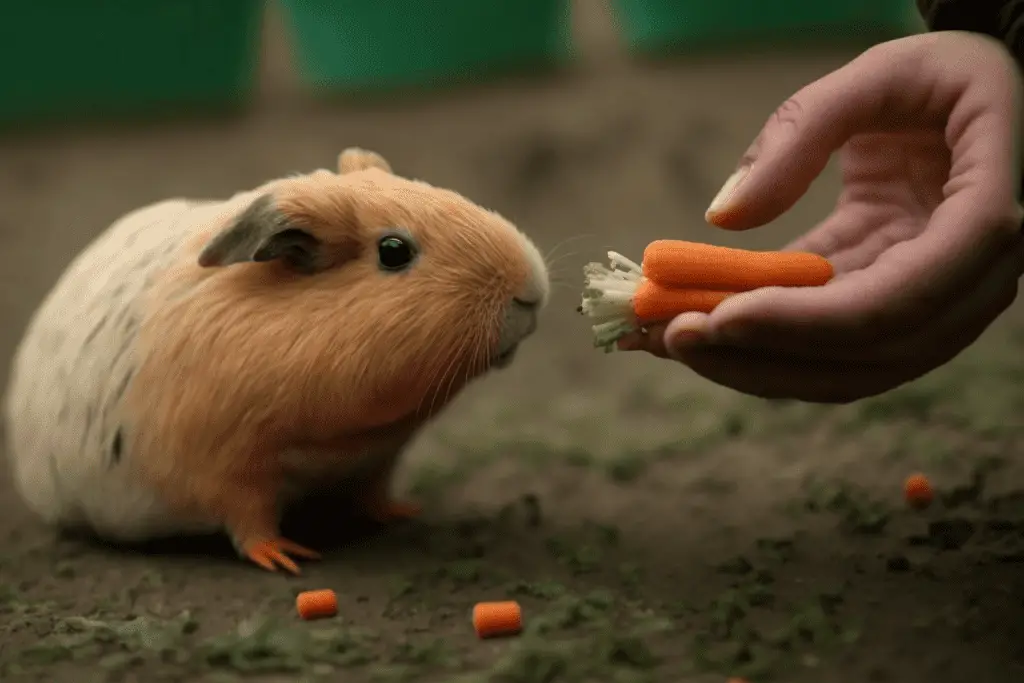 a person feeding carrots to a guinea pig